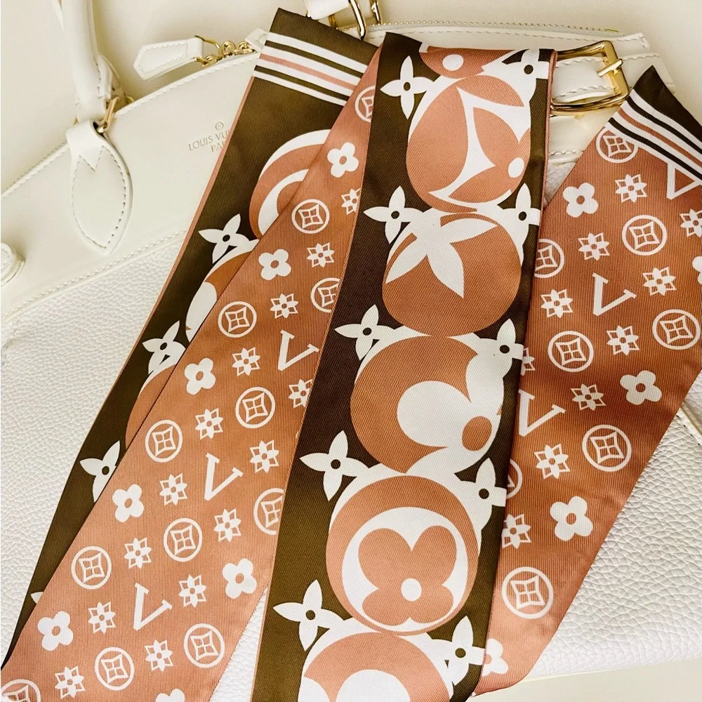 Big Twilly: Luxe Silk Twilly Scarf - Brown & Cream Monogram Print